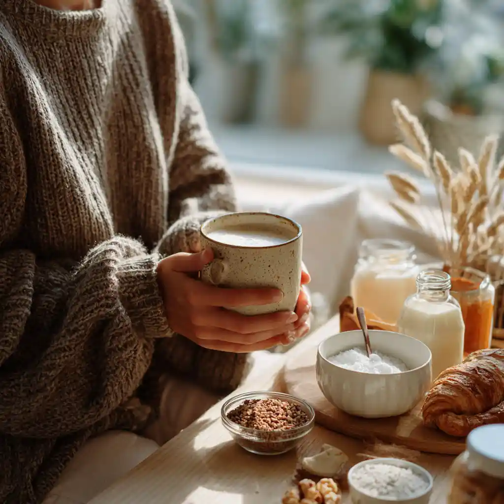 Person in cardigan holding baking soda water in a cozy living room setting
