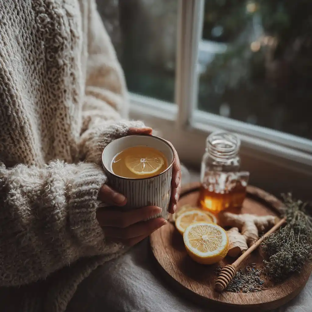 Person in cardigan holding ginger lemon honey tea in cozy living room