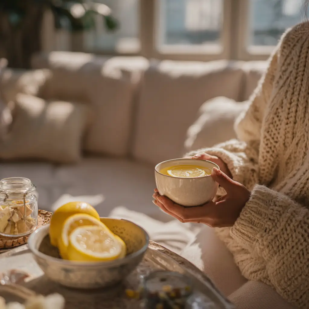 Person in cozy sweater holding lemon water in living room