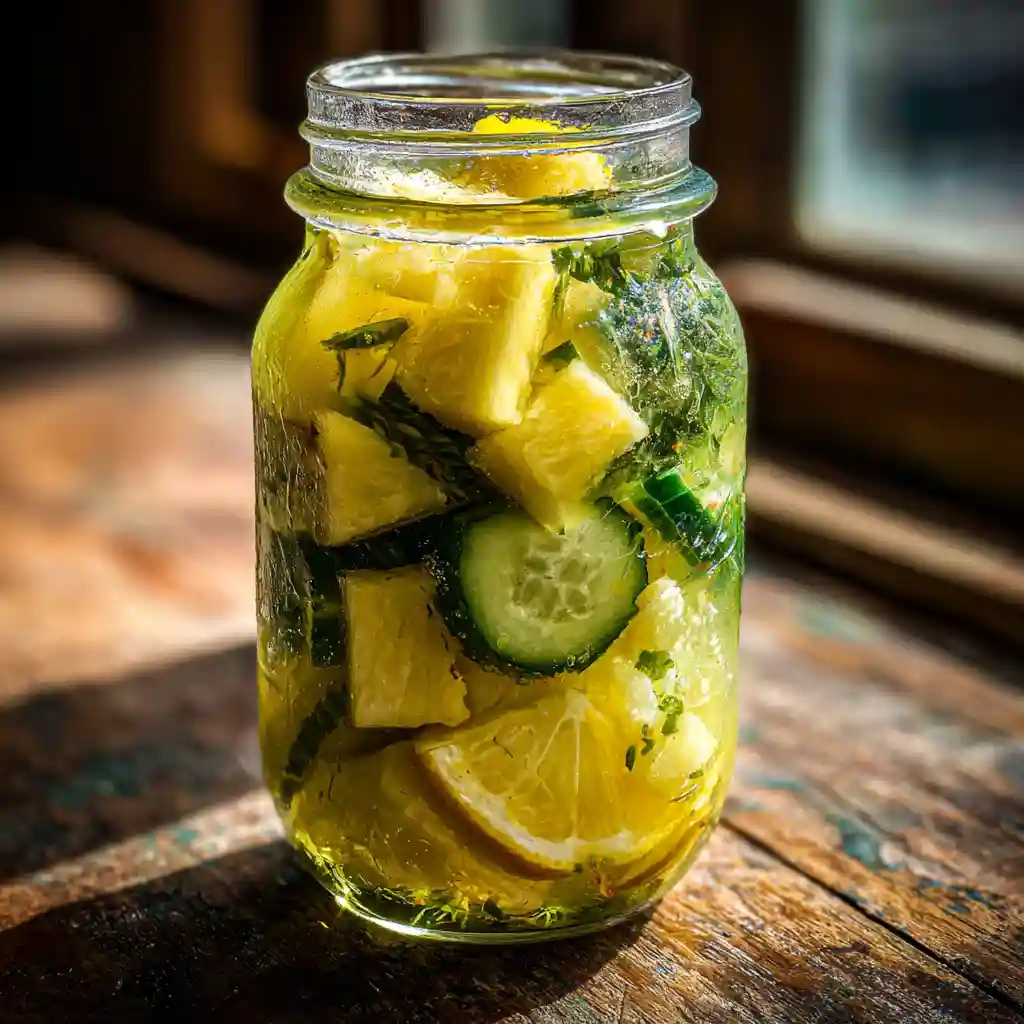Pineapple cucumber detox water in a mason jar with pineapple, cucumber, ginger, and lemon