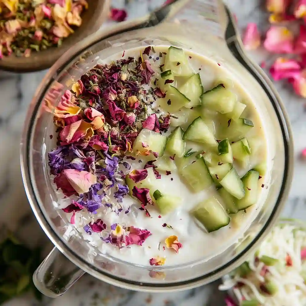 Pouring carbonated water into yogurt and mint mixture to make fizzy doogh