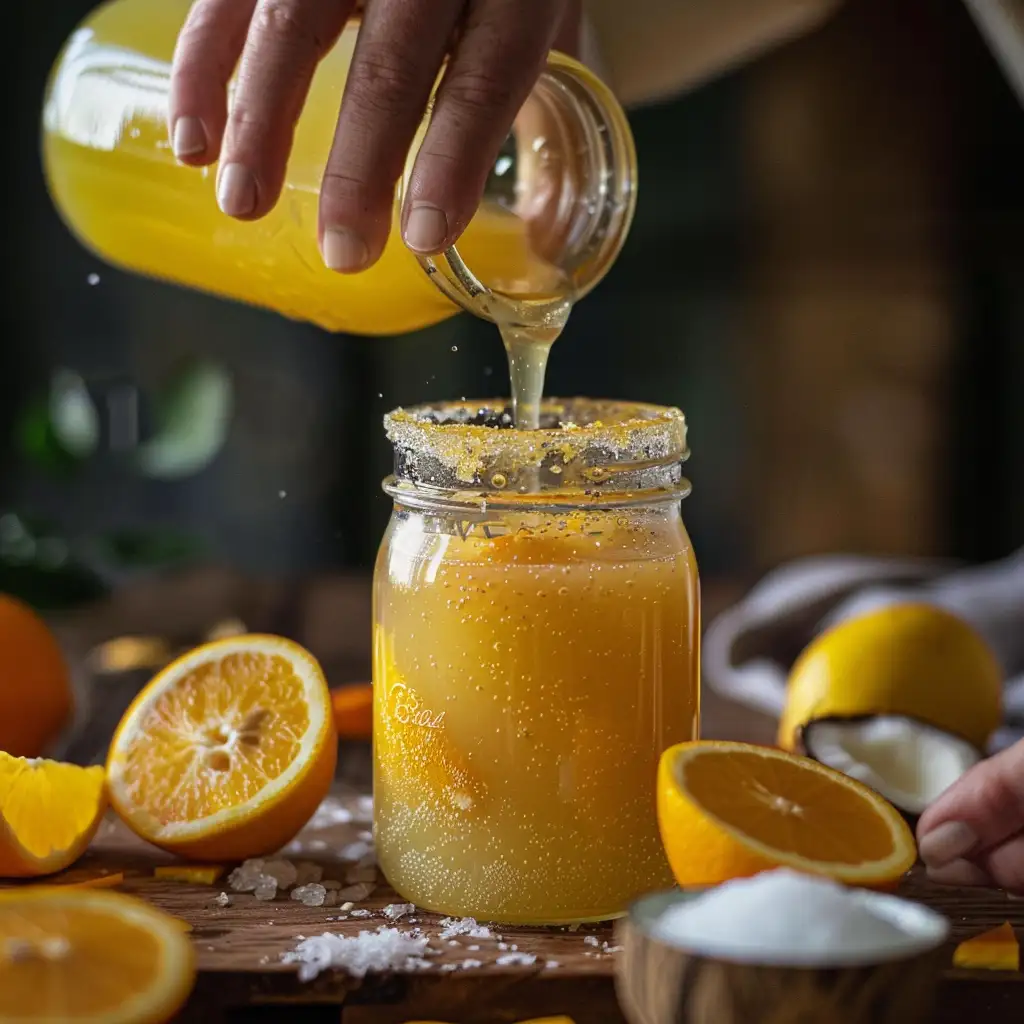 Pouring citrus juice into coconut water with sea salt for a natural Gatorade drink