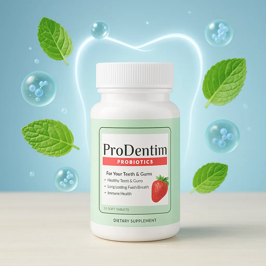 ProDentim probiotic supplement bottle on a light wooden surface with soft daylight and blurred green plants in the background, symbolizing freshness and oral wellness.