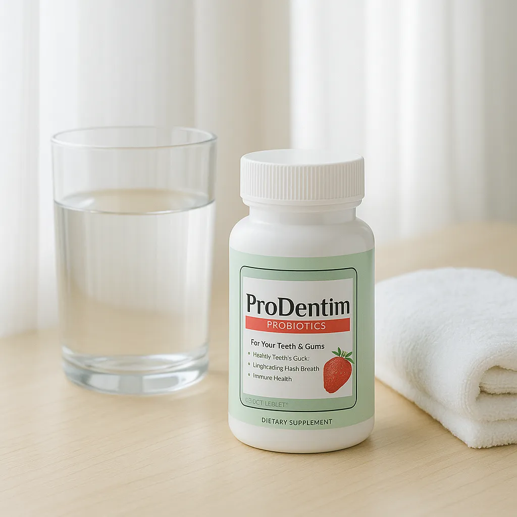 ProDentim supplement bottle beside a glass of water and a folded white towel on a light wooden table, softly lit by daylight through curtains, symbolizing calm and daily wellness.