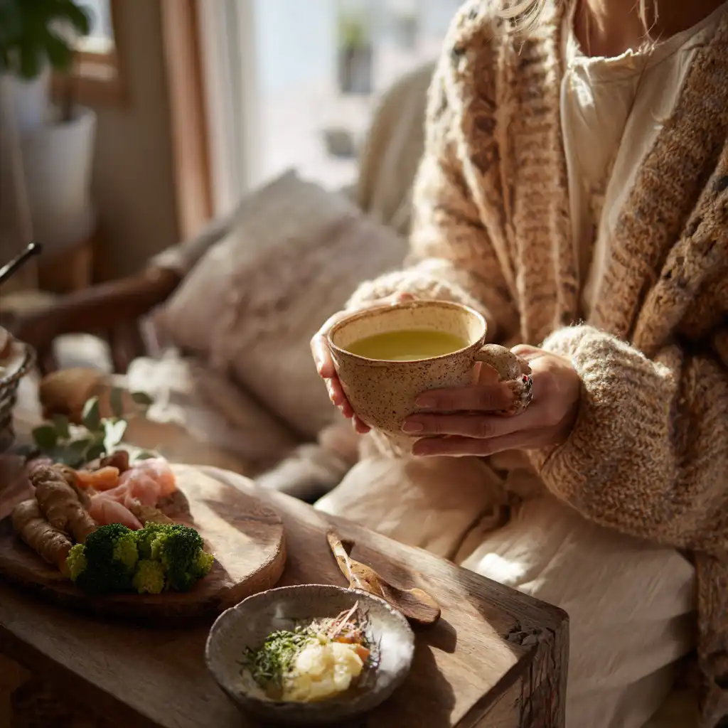 Relaxed living room tea moment with ingredients and cozy vibe