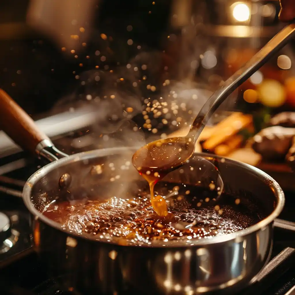 Saucepan with gingerbread syrup boiling gently, spices visible beside it