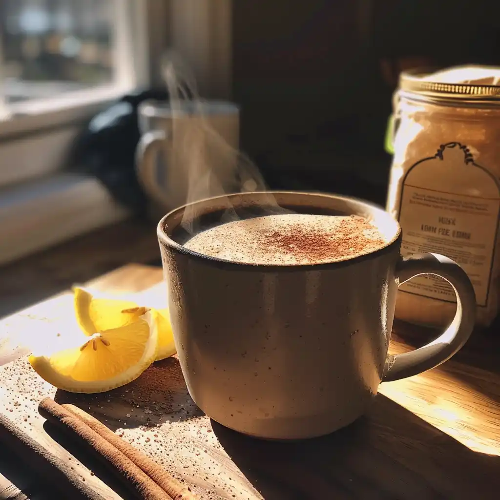 Serving suggestion of salted coffee with lemon wedge and cinnamon stick on a saucer