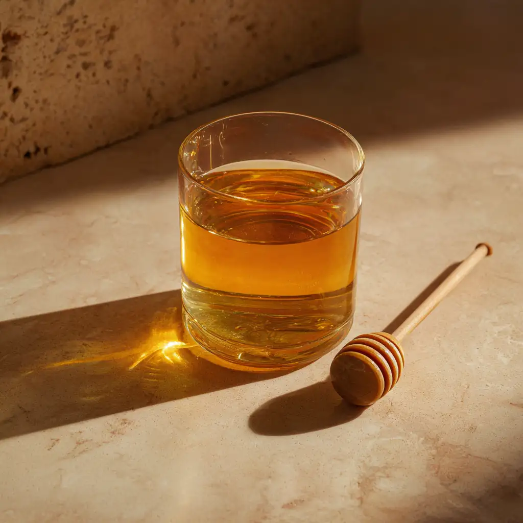 Simple glass of Canaan honey tonic with honey dipper on a rustic surface