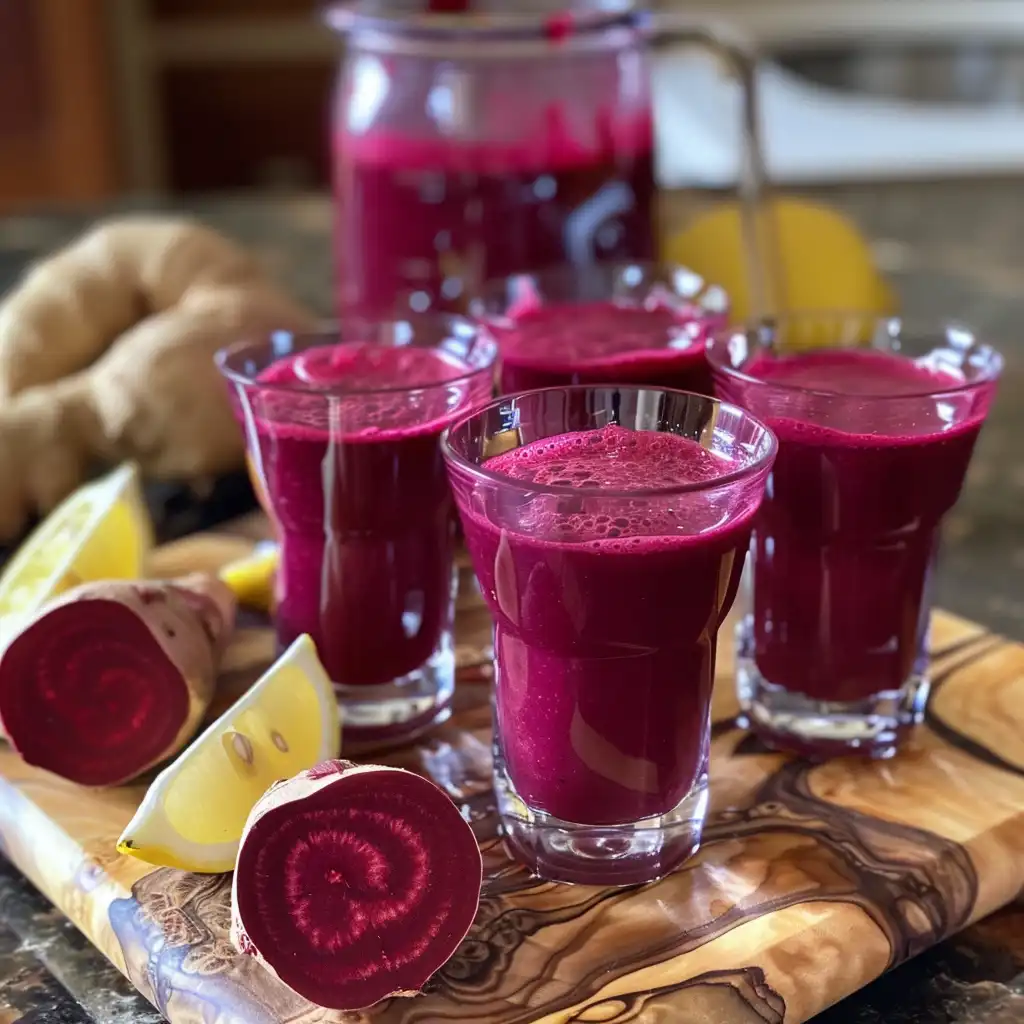 Small beet juice shots in tiny glasses with beet, lemon, and ginger on a wooden board