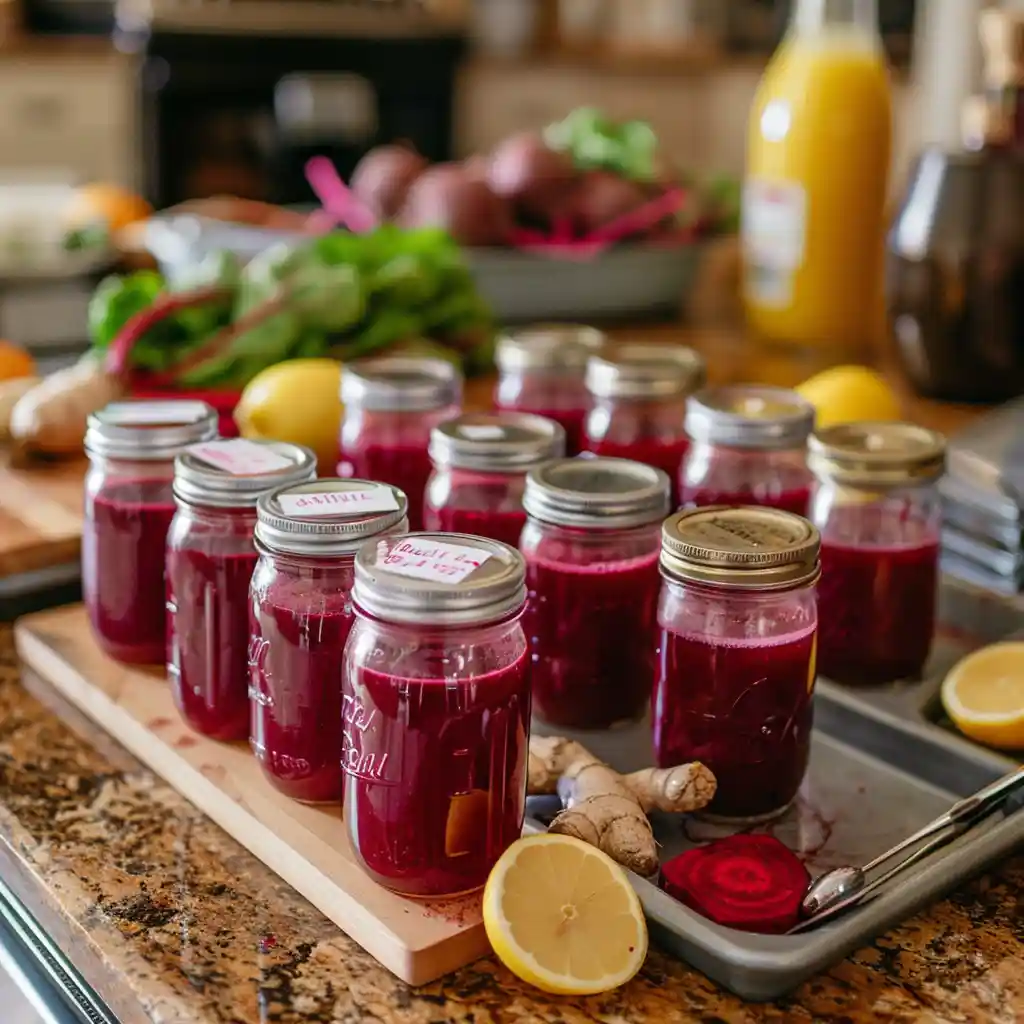 Small shot glasses filled with concentrated beet, lemon, and ginger juice on a tray