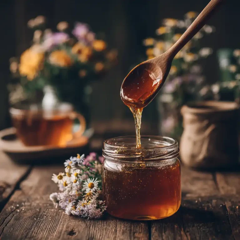 Spoon scooping thick raw Canaan honey from a jar