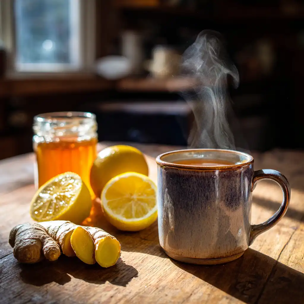 Steaming mug of ginger lemon honey tea on a rustic kitchen table