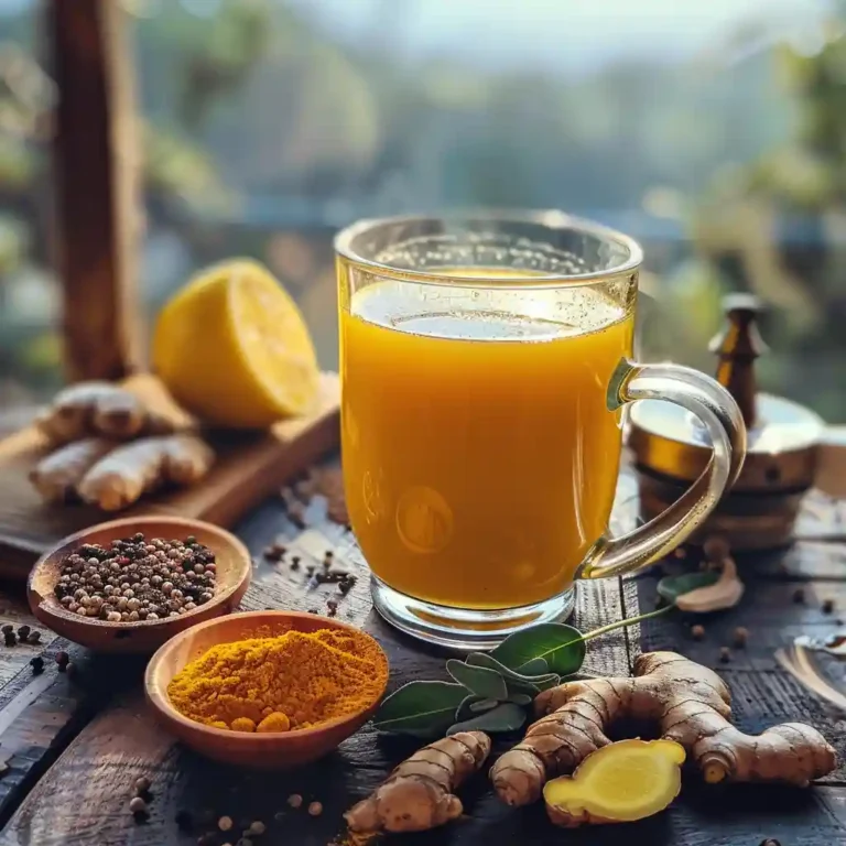Steaming mug of golden turmeric hack for weight loss tea with lemon, ginger and pepper on a wooden table