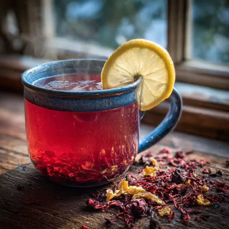 Steaming mug of ruby red lemon zinger tea with lemon slice, hibiscus petals, rosehips, and lemon peel on a rustic wooden table