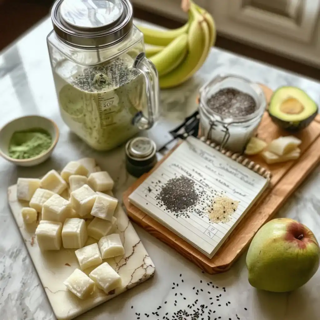 Step-by-step preparation scene of a women’s mochi weight loss drink with ingredients visible