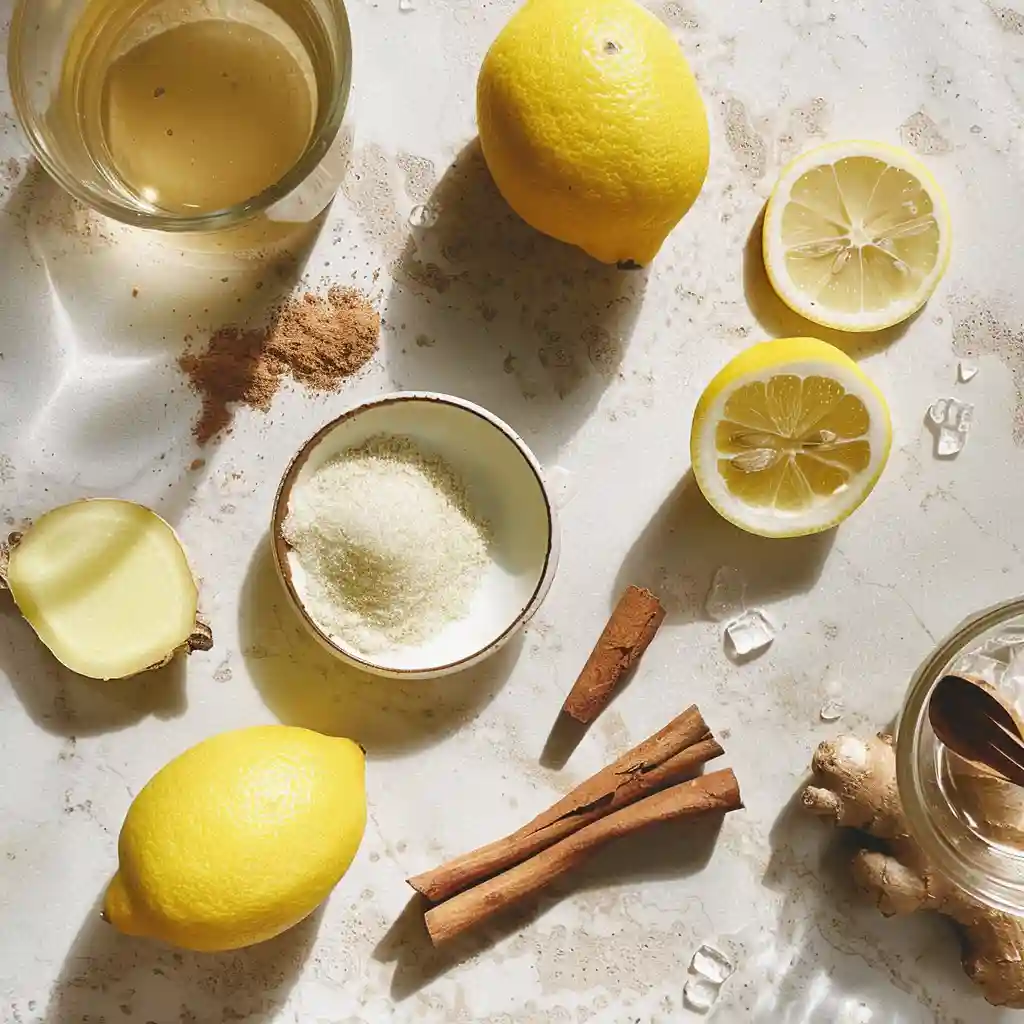 Stirring bloomed gelatin into warm water with lemon and apple cider vinegar on a wooden counter