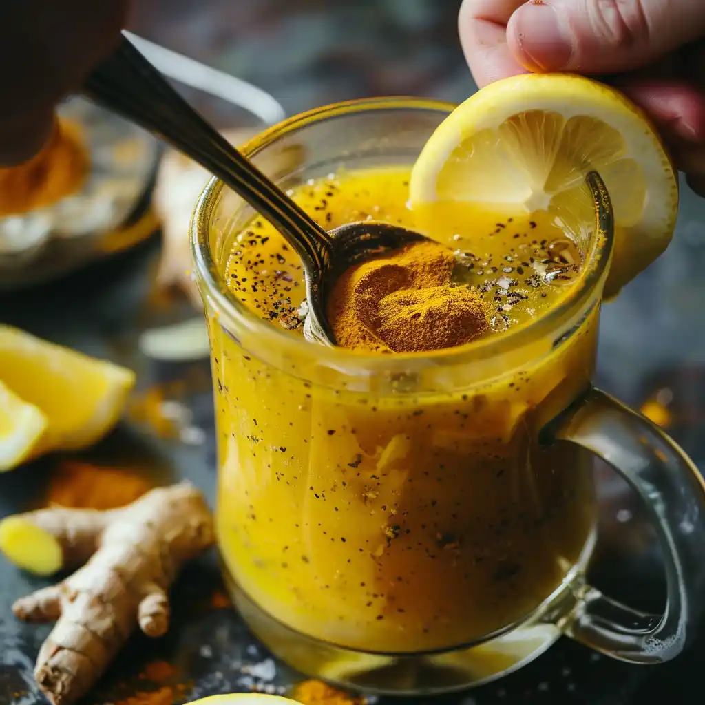 Stirring turmeric hack for weight loss tea in a glass mug with visible spices