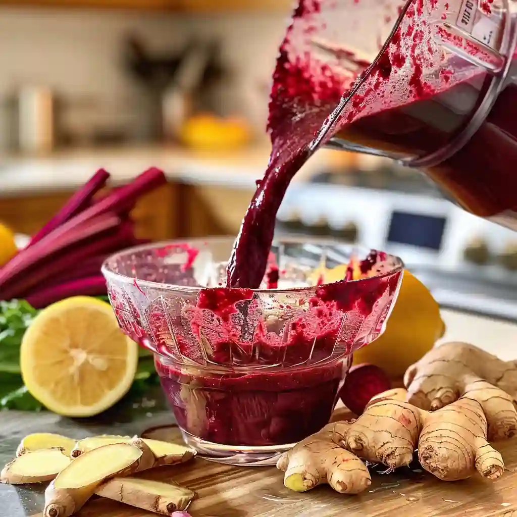 Straining blended beet juice through a fine mesh sieve into a glass bowl