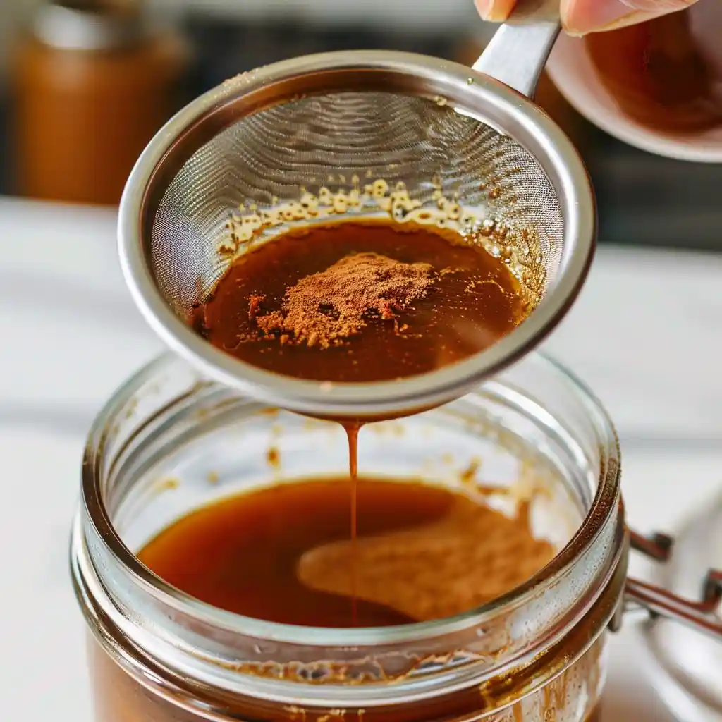 Straining freshly cooked gingerbread syrup into a clear glass jar