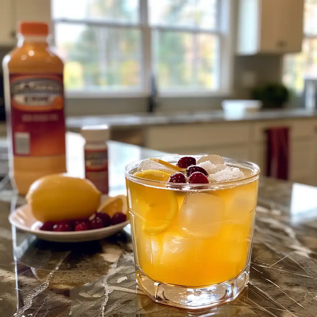Tall glass of Certo detox drink with lemon wheel and cranberries as a serving suggestion