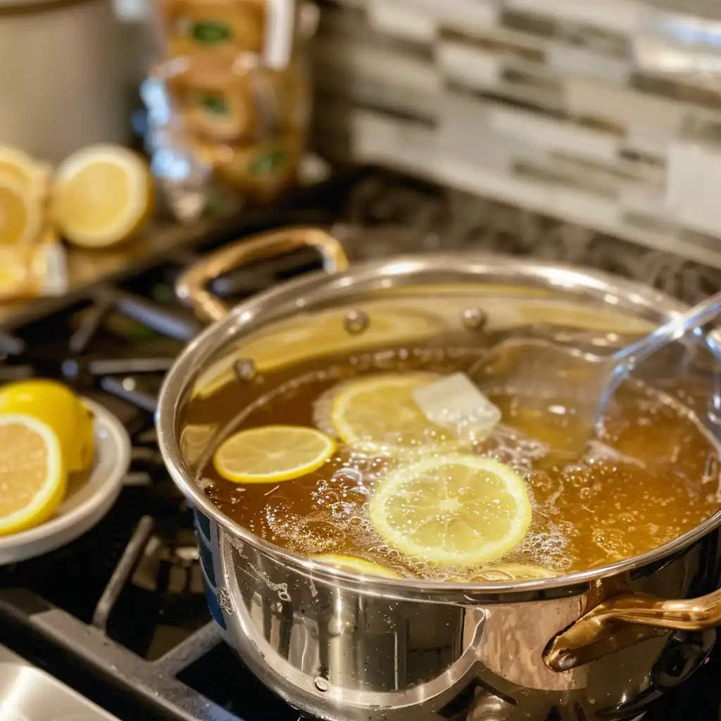 Three-bowl sequence showing powdered gelatin, bloomed gelatin, and fully dissolved mixture poured over lemon and herbs