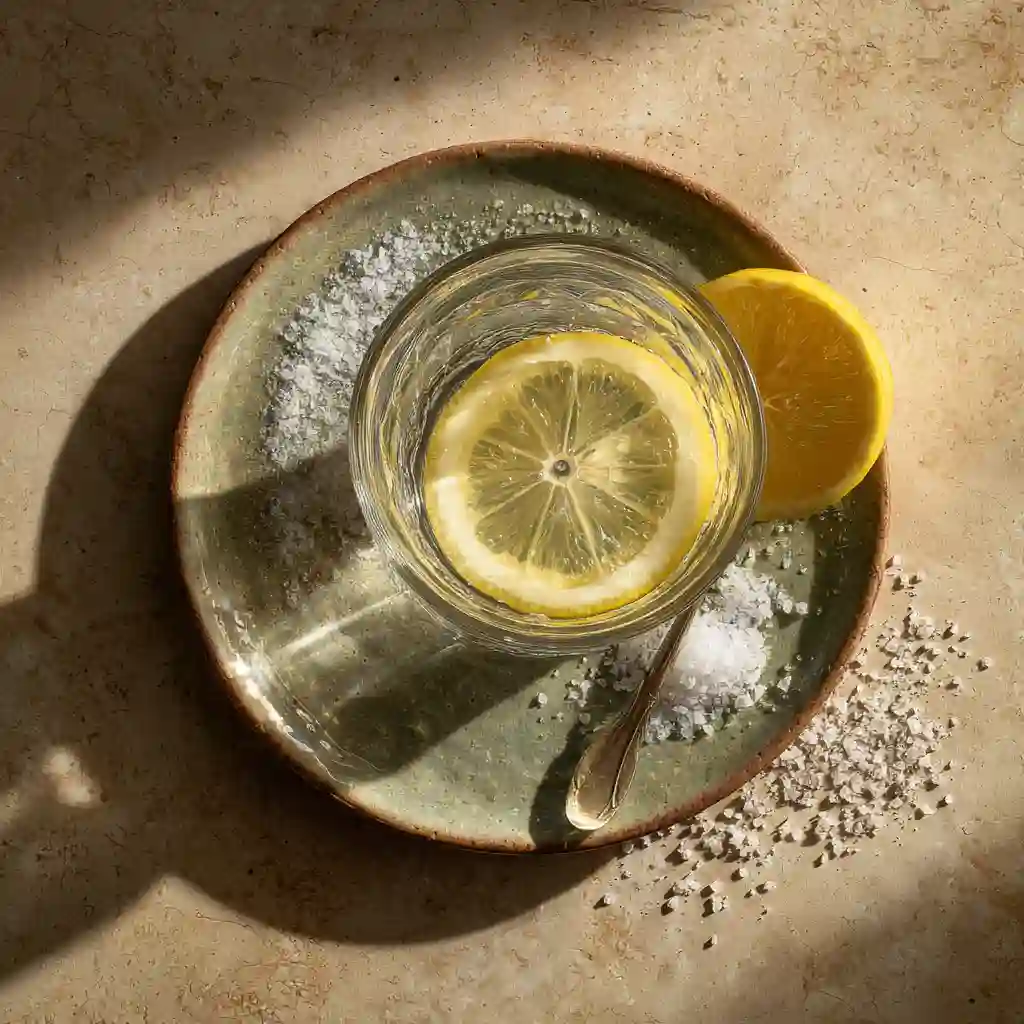 Top-down shot of baking soda water with lemon and salt