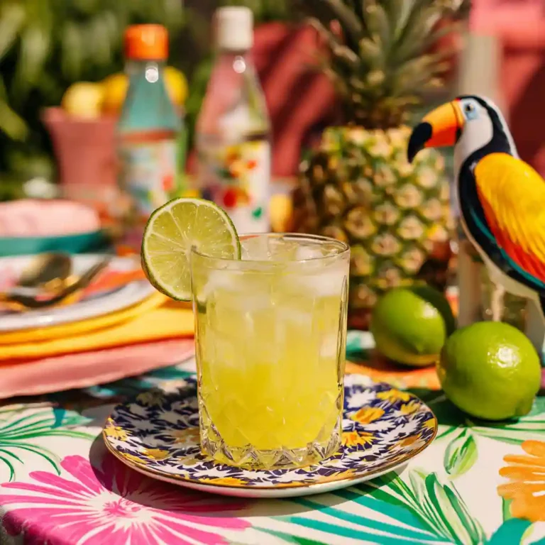 Toucan drink on a tropical-themed table with ingredients and decorations