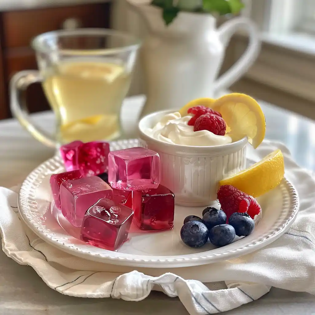 Tray of homemade low-sugar fruit gelatin cubes and labeled gelatin shots for a 3-day weight loss plan