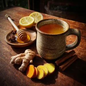 Turmeric ginger cinnamon tea in a ceramic mug with spices and lemon on the side
