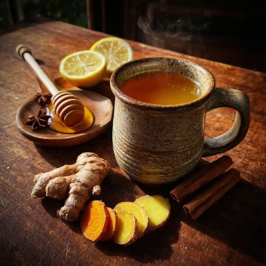 Turmeric ginger cinnamon tea in a ceramic mug with spices and lemon on the side