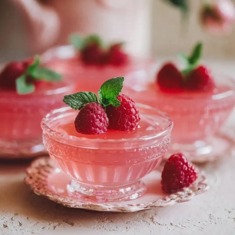 Vintage pink gelatin dessert in pastel cups with mint garnish