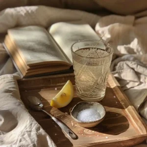Warm Celtic sea salt morning drink in a clear glass with lemon on a rustic table