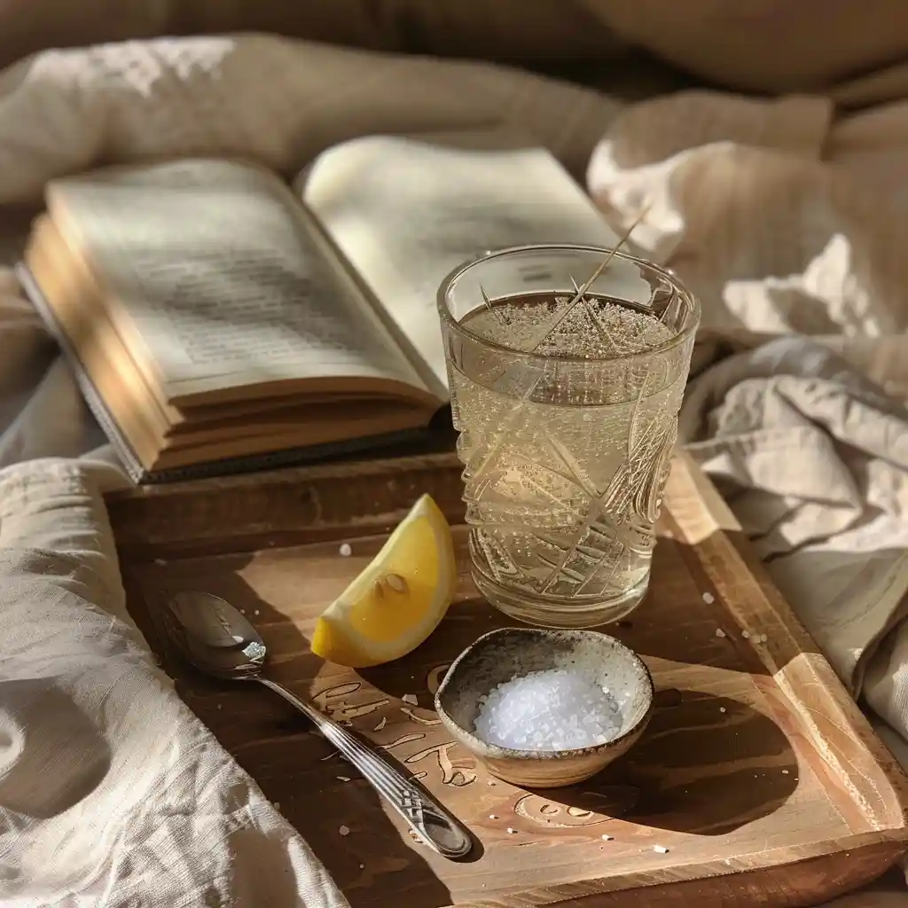 Warm Celtic sea salt morning drink in a clear glass with lemon on a rustic table