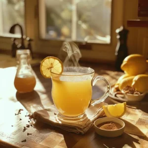 Warm gelatin weight loss drink in a clear mug with lemon and cinnamon on a wooden counter