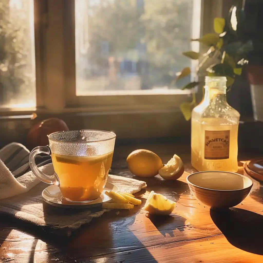 best gelatin weight loss recipe - Warm lemon gelatin weight loss drink in a clear mug beside lemon slices, bloomed gelatin, and apple cider vinegar