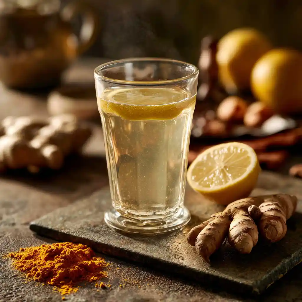 how to make lemon water for weight loss_Warm lemon water with turmeric and ginger ingredients in cozy kitchen