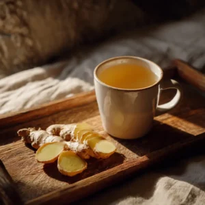 Warm mug of ginger tea on a wooden bedside table at night