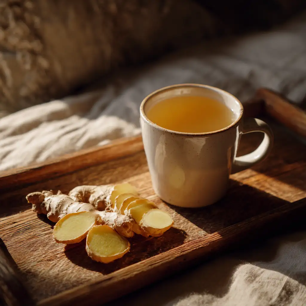 Warm mug of ginger tea on a wooden bedside table at night