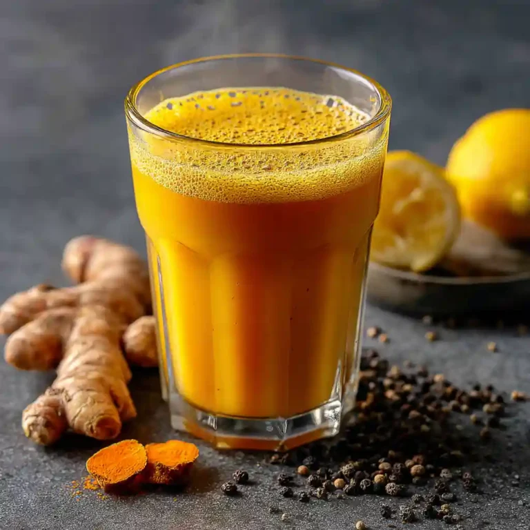 Wellness shot with turmeric, ginger, cinnamon, and lemon on a marble kitchen counter