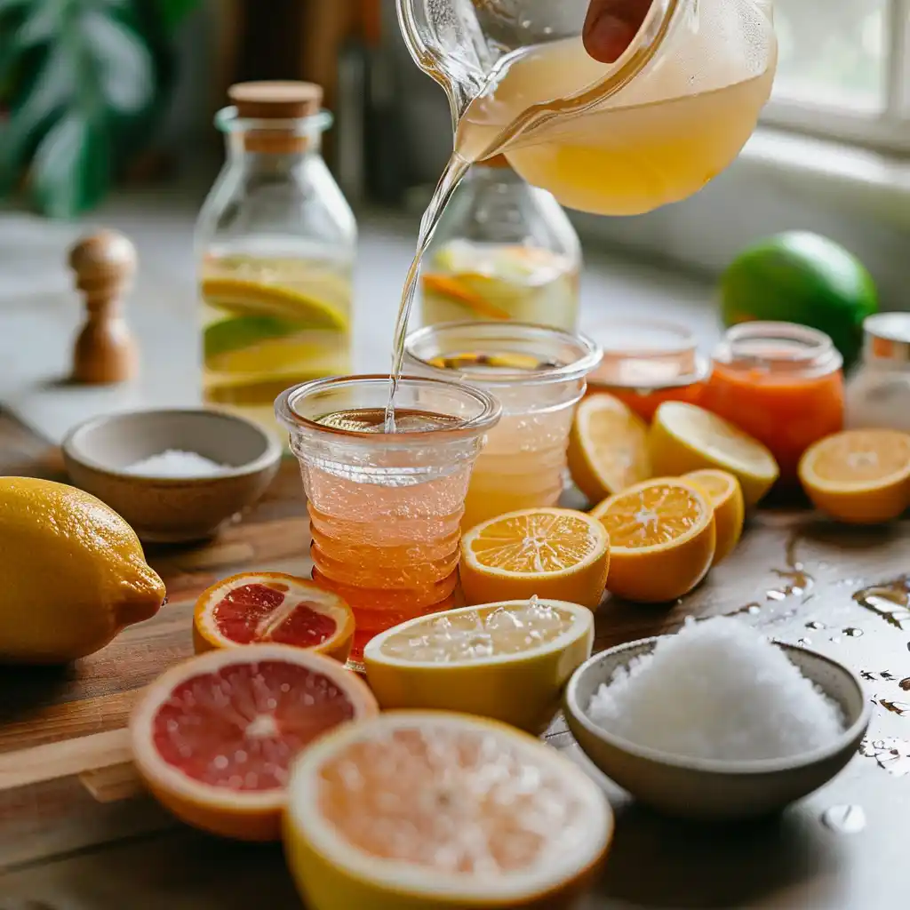 Whisking citrus, honey, and salt into water for a homemade Gatorade recipe