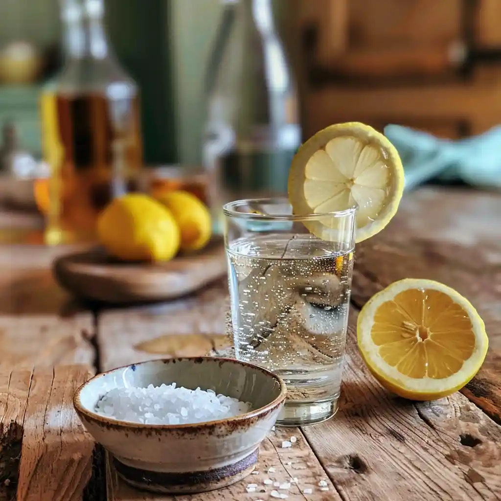 Benefits of Celtic Sea Salt - Wooden bowl of warm Celtic sea salt water with lemon and apple cider vinegar for skincare