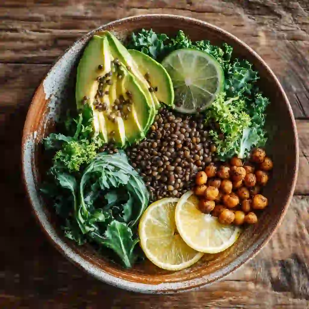 A vibrant wellness bowl inspired by Natural Mounjaro, featuring avocado, lentils, greens, and citrus