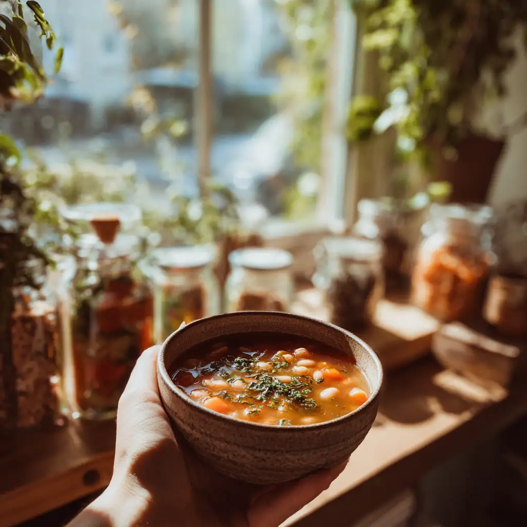 Close-up of bean soup recipes crockpot with vegetables and rich broth