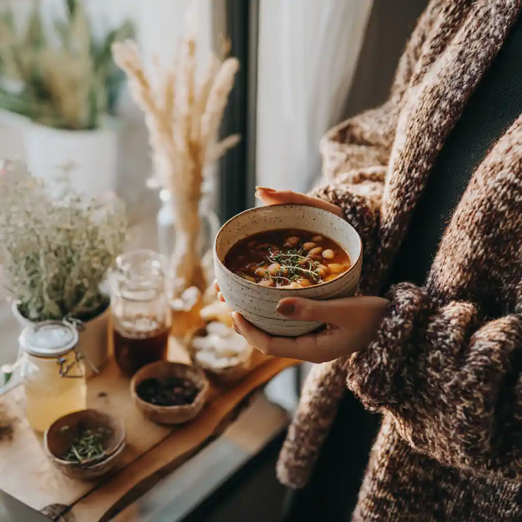 Hand holding a warm bowl of homemade bean bean soup recipes crockpotnear a sunny kitchen window