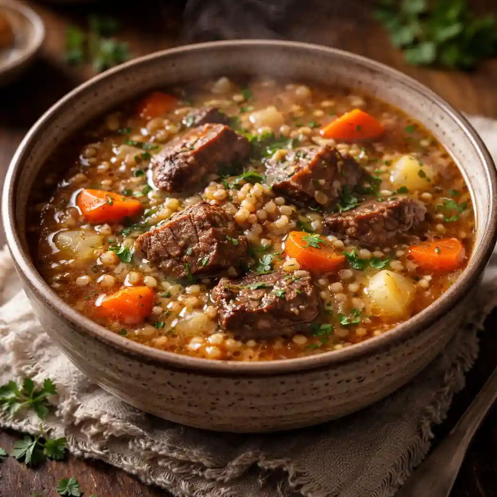 Hearty homemade beef barley soup with tender beef and vegetables