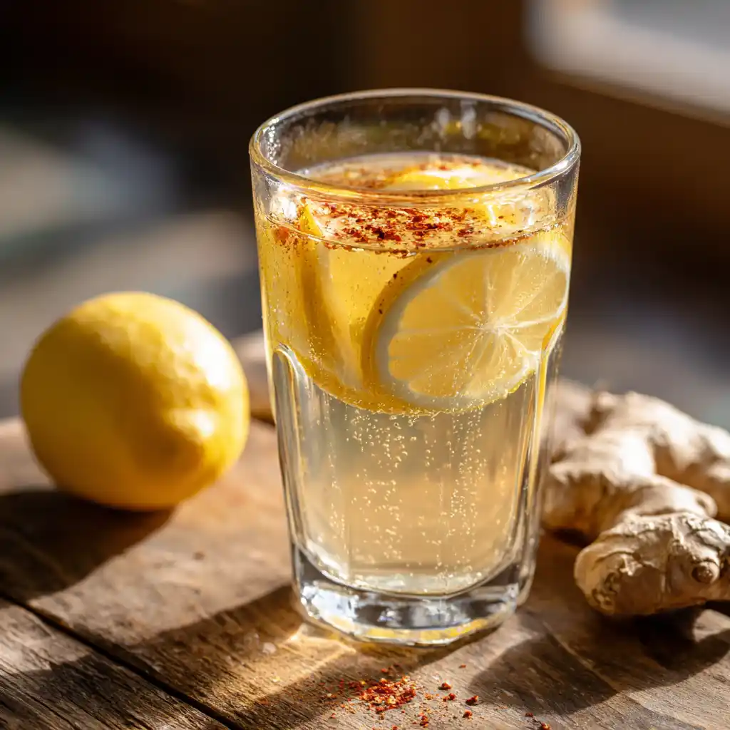 Brazilian Mounjaro apple cider vinegar drink with lemon and cayenne in a clear glass