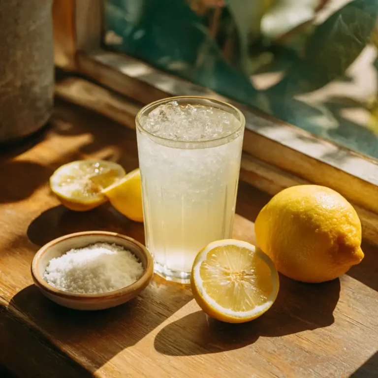 Brazilian Mounjaro drink on wood counter with lemon and baking soda