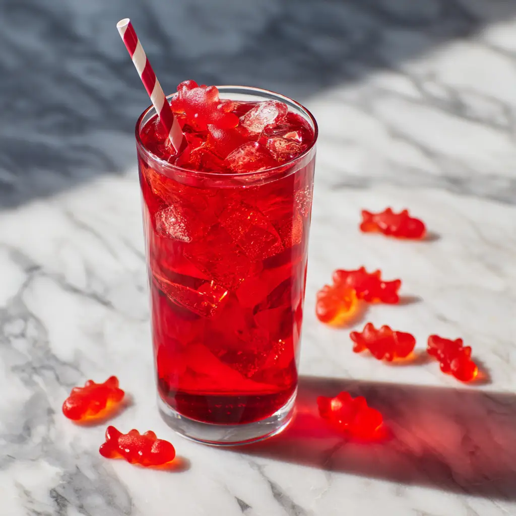 Bright red gummy fish drink with floating Swedish Fish candies in a tall glass