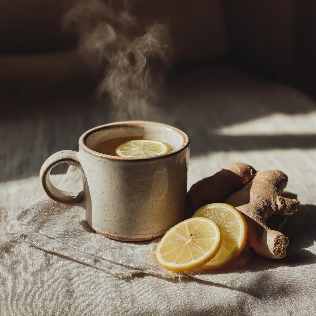 lemon and ginger water weight loss_Ceramic cup with warm lemon and ginger water and morning steam