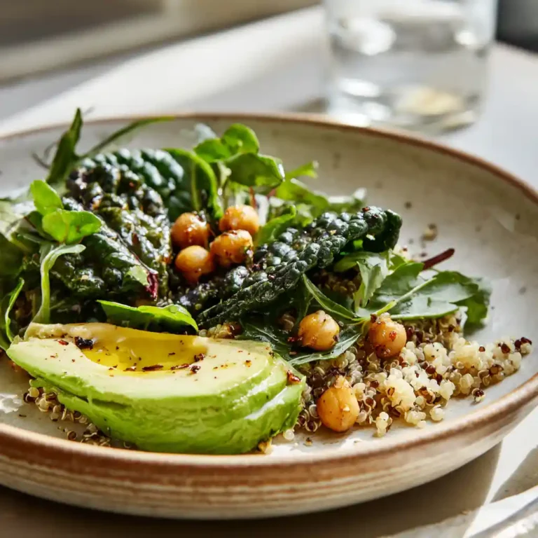 Close-up of a metabolism-supporting meal with greens, chickpeas, and quinoa